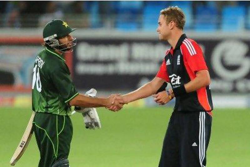 Pakistan's Shahid Afridi, left congratulates England's captain Stuart Broad. Both teams learnt much about each, and themselves, during the long series in the UAE.