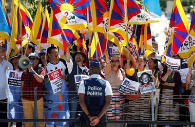 Pro-Tibet demonstrators protest near the venue where Chinese Premier Li Keqiang (unseen) is attending the European Union-China Summit in Brussels, Belgium. Francois Lenoir / Reuters