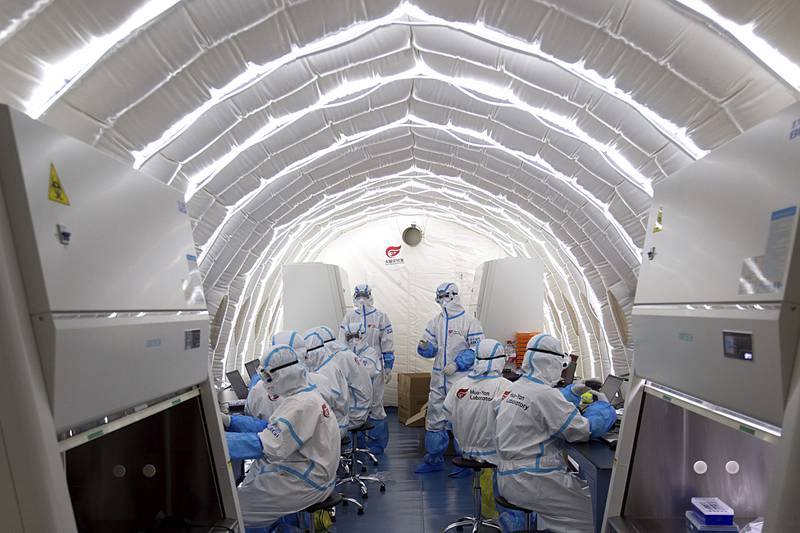 An inflatable Covid-19 test lab in Beijing. China's leaders declared a 'major victory' over the pandemic in February. AP