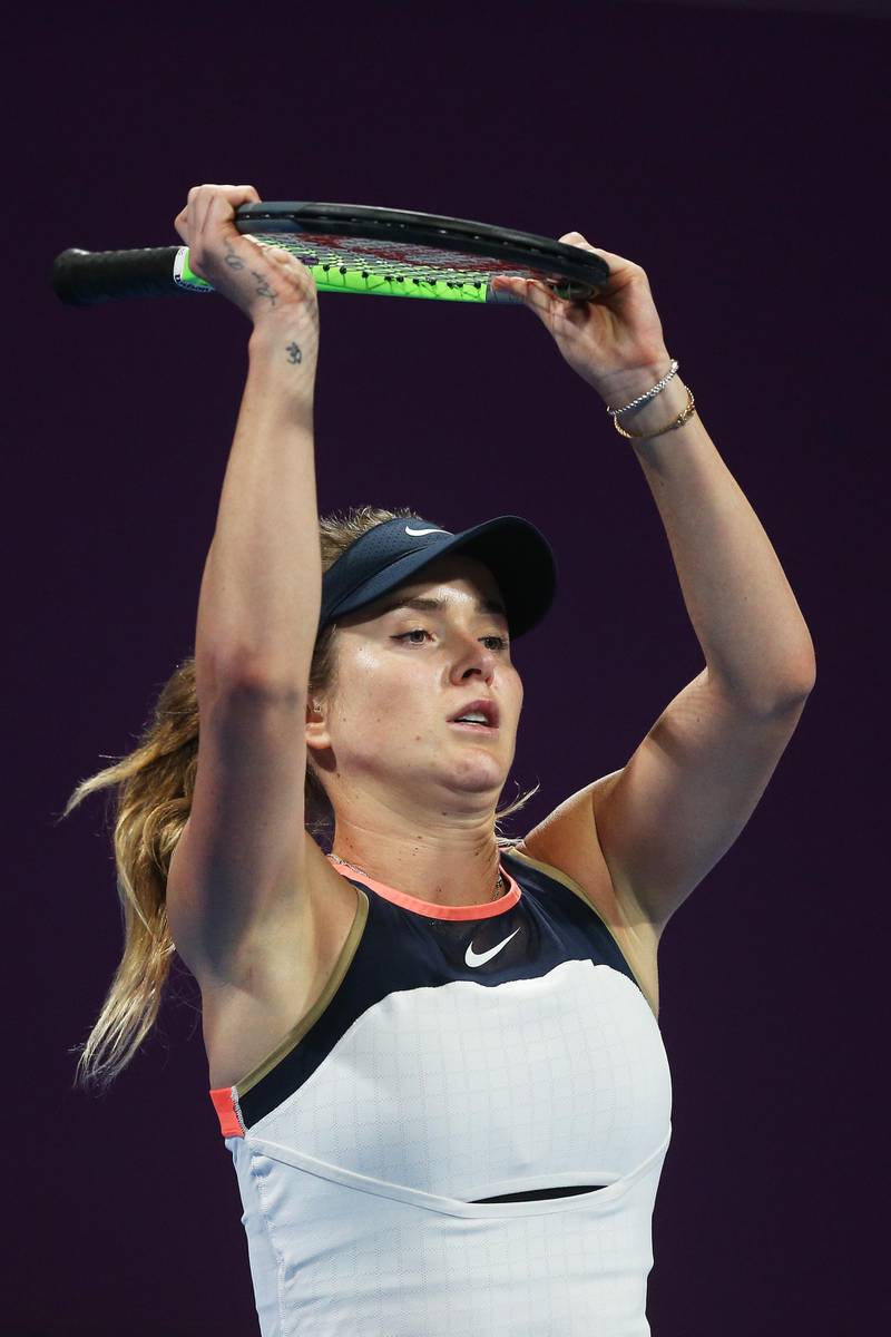 DOHA, QATAR - MARCH 04: Elina Svitolina of Ukraine reacts in her Quarter-Final singles match against Victoria Azarenka of Belarus during Day Four of the Qatar Total Open 2021 at Khalifa International Tennis and Squash Complex on March 04, 2021 in Doha, Qatar. (Photo by Mohamed Farag/Getty Images)