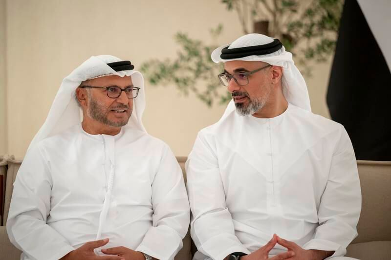 Dr Anwar Gargash pictured with Sheikh Khaled bin Mohamed bin Zayed at an iftar reception this week. Abdulla Al Junaibi for the UAE Presidential Court