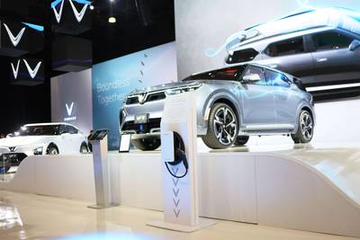 The VinFast VF 9 on display at the New York International Auto Show. Getty Images / AFP
