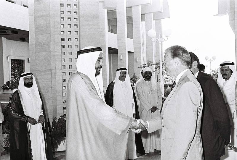 The UAE's President, Sheikh Khalifa, meets former US president Jimmy Carter at the Carter Centre in Atlanta, Georgia, in 1986. Photo: Al Ittihad