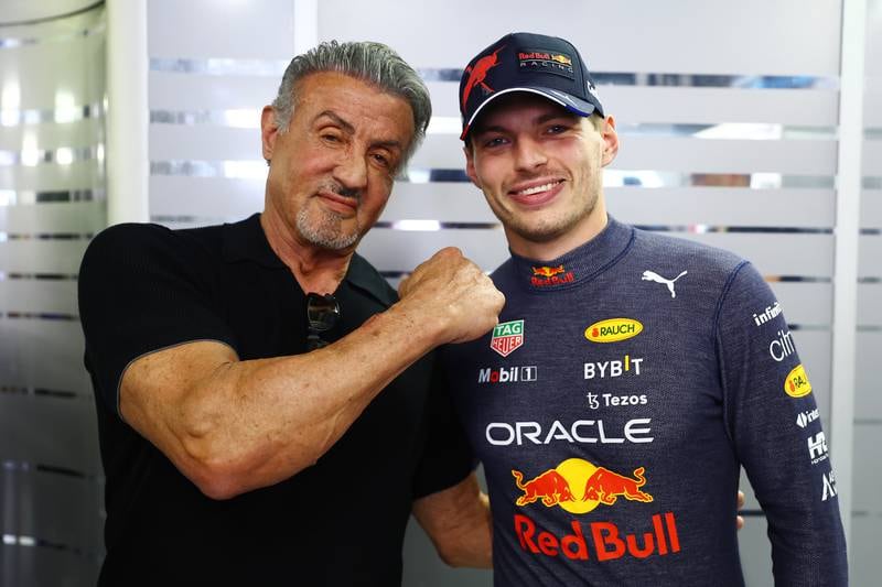 World champion Max Verstappen meets Sylvester Stallone prior to the Italian Grand Prix in Monza on September 11, 2022. Getty