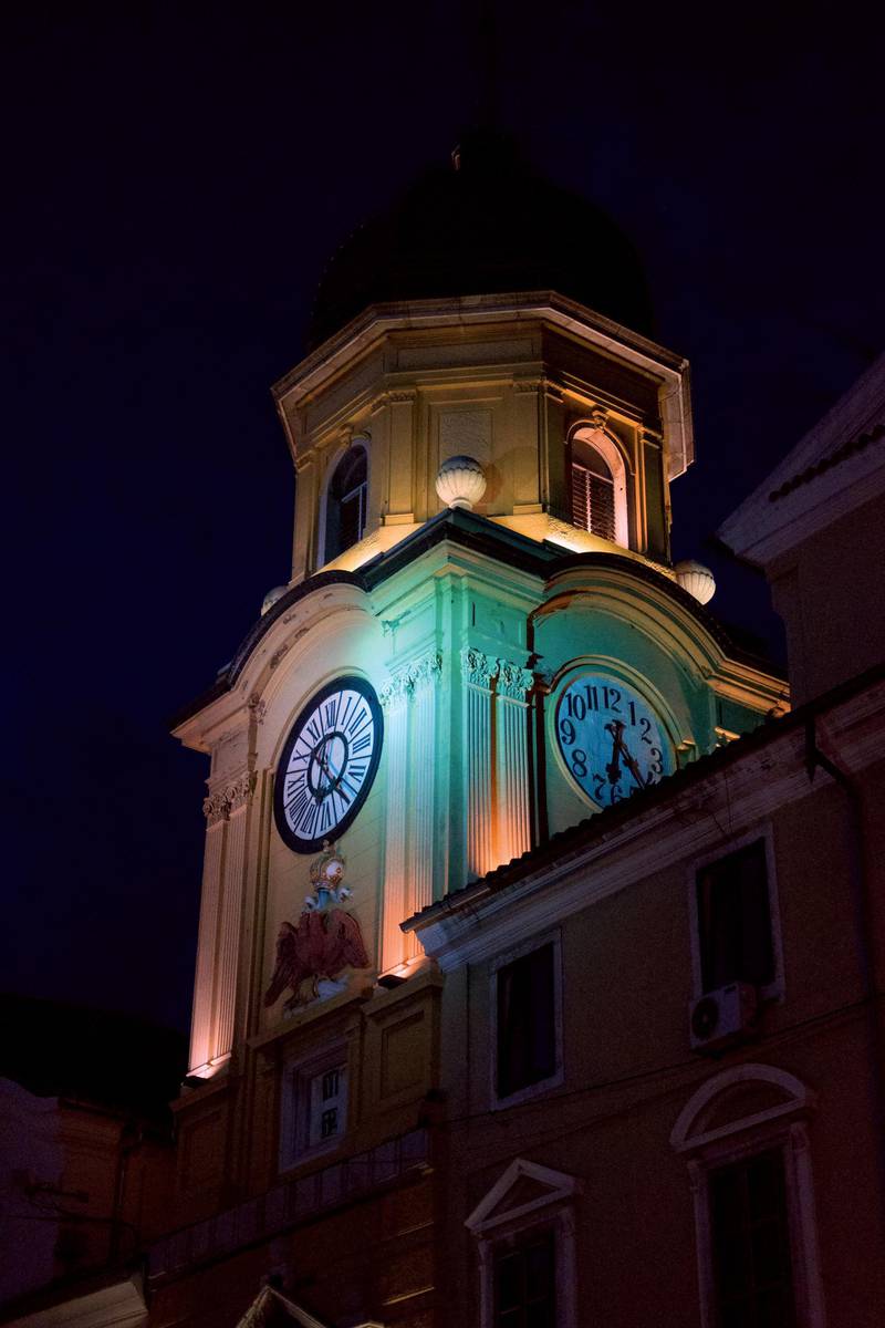 Beautiful City tower of Rijeka (Croatia) at night in the middle of "Korzo", the main street of Rijeka. Getty Images