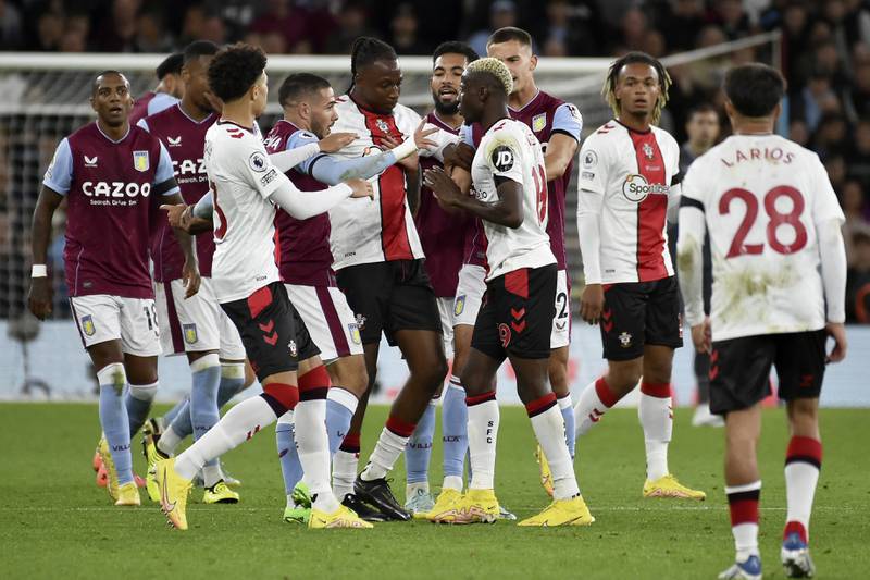Players argue at Villa Park on Friday. AP