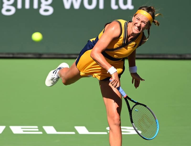 Victoria Azarenka hits a shot during the women’s final against Paula Badosa. Reuters