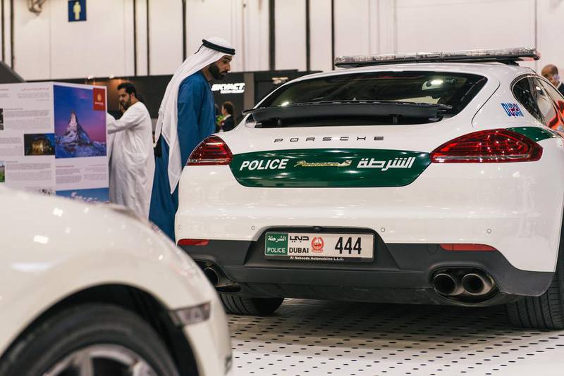 A Porsche Dubai Police car on the opening night of the Dubai International Motor Show. Alex Atack for The National
