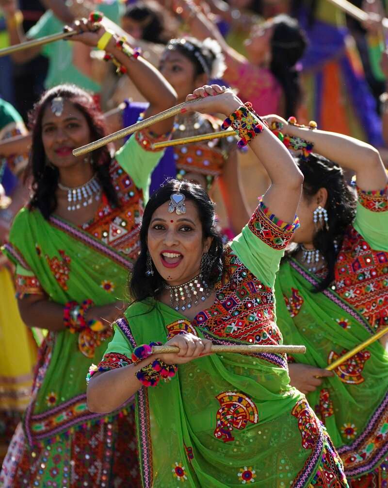 Dancers perform during Diwali on the Square celebration, in Trafalgar Square, London. AP