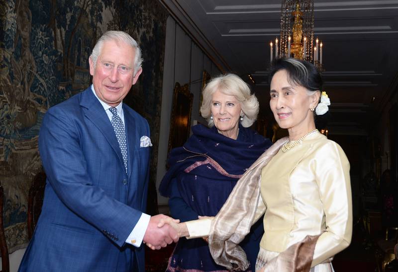The Prince of Wales and the Duchess of Cornwall greeting Suu Kyi ahead of their meeting at Clarence House in London, in May 2017.  PA