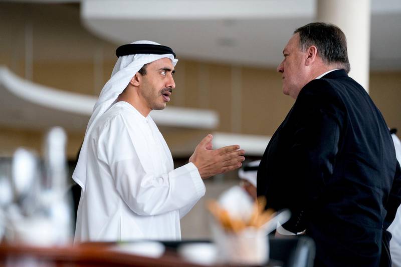 Sheikh Abdullah speaks with Mr Pompeo at the Al Shati Palace. AP Photo
