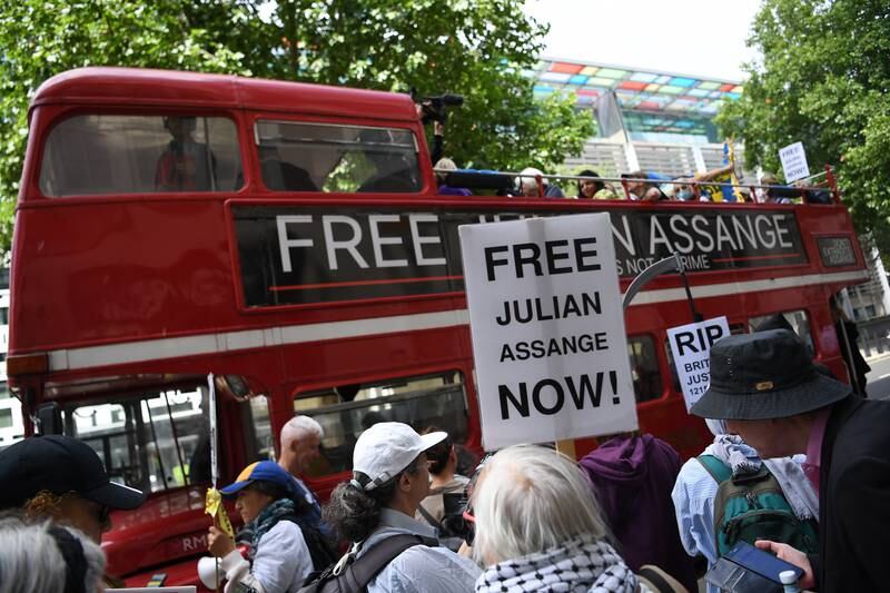 Supporters of Julian Assange took part in a protest tour on a London Routemaster bus on Firday, to mark Julian Assange's 51st birthday in central London.  Assange is in his fourth year of imprisonment in the UK while the US government tries to extradite him to face charges of espionage. EPA