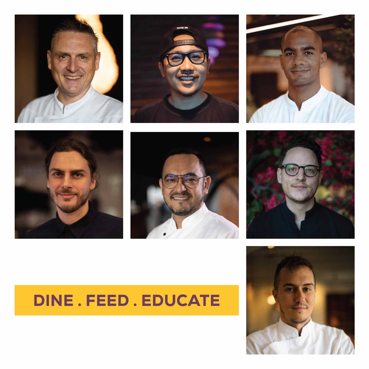 Les sept chefs de Dubaï qui ont chacun créé un plat pour le Dine.  Alimentation.  Éduquer l'initiative de collecte de fonds.  Photo: Dubai Cares / Flavel Monteiro