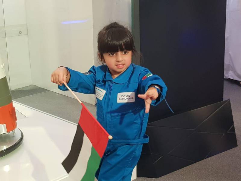 Maryam Al Blooshi, 3, visits Mohammed bin Rashid Space Centre with her father, who is an engineer there, to watch the live stream of the launch in Dubai. Patrick Ryan / The National