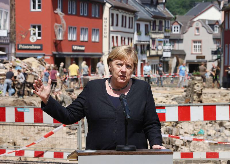 German Chancellor Angela Merkel visited the flood-ravaged town Bad Muenstereifel. She said the cost of rebuilding infrastructure would be higher than ever before. AFP
