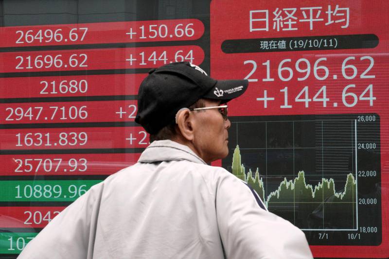 A man looks at an electronic stock board showing Japan's Nikkei 225 index at a securities firm in Tokyo Friday, Oct. 11, 2019. Asian stock markets followed Wall Street higher Friday on optimism about U.S.-Chinese talks on ending a tariff war. (AP Photo/Eugene Hoshiko)
