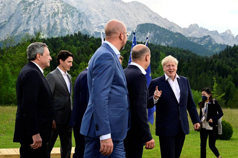 Mr Draghi, Mr Trudeau, Mr Michel, Mr Scholz and Mr Johnson. AFP