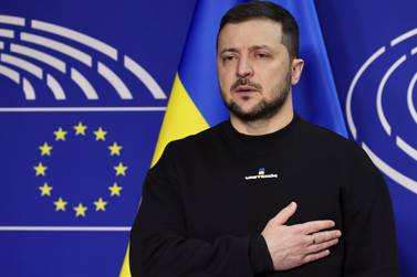 Ukraine's President Volodymyr Zelenskyy poses for a picture before an EU summit at the European Parliament in Brussels, Belgium, Thursday, Feb.  9, 2023.  On Thursday, Zelenskyy will join EU leaders at a summit in Brussels, which German Chancellor Olaf Scholz described as a "signal of European solidarity and community. " (AP Photo / Olivier Matthys)