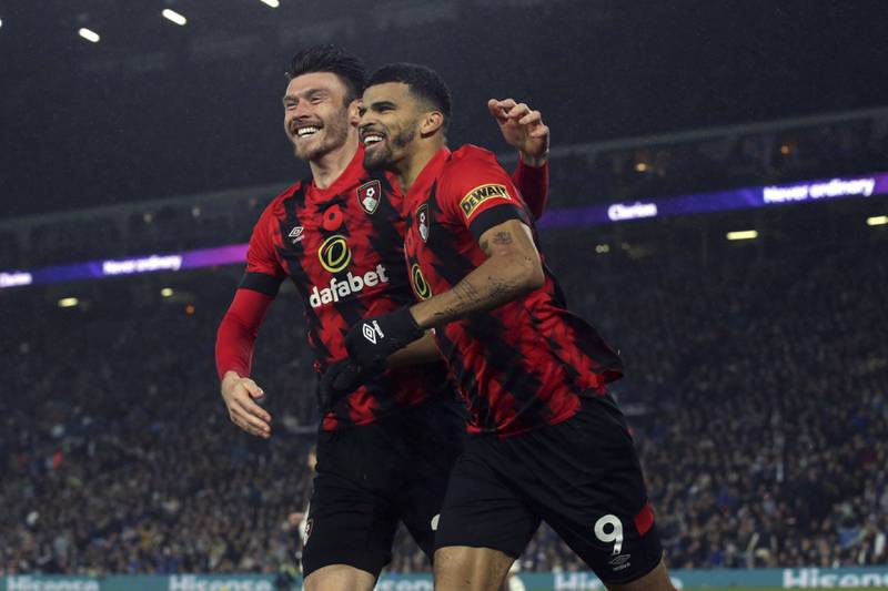 Bournemouth's Dominic Solanke, right, celebrates with Kieffer Moore after scoring their third goal. PA