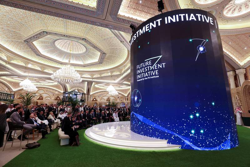 The opening ceremony of the FII conference on a digital screen in the lobby of the Exhibition and Conference Centre at the Ritz Carlton Hotel in Riyadh. Reuters