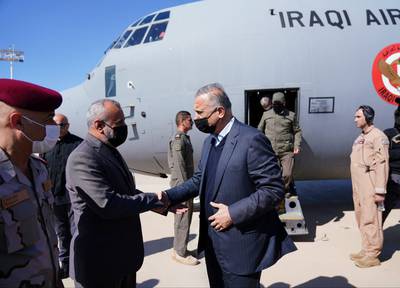 Iraqi Prime Minister Mustafa Al Kadhimi meets security officials in the southern province of Maysan.