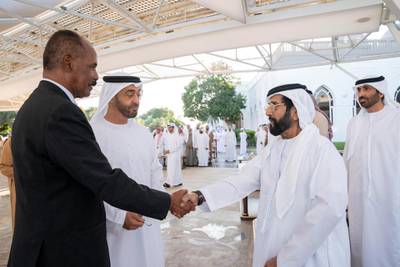 ABU DHABI, UNITED ARAB EMIRATES - December 23, 2019: HH Sheikh Tahnoon bin Mohamed Al Nahyan, Ruler's Representative in Al Ain Region (3rd L) greets HE Isaias Afwerki, President of Eritrea (L), during a Sea Palace barza. Seen with HH Sheikh Mohamed bin Zayed Al Nahyan, Crown Prince of Abu Dhabi and Deputy Supreme Commander of the UAE Armed Forces (2nd L) and HH Sheikh Diab bin Zayed Al Nahyan (R).

( Mohamed Al Hammadi / Ministry of Presidential Affairs )
---