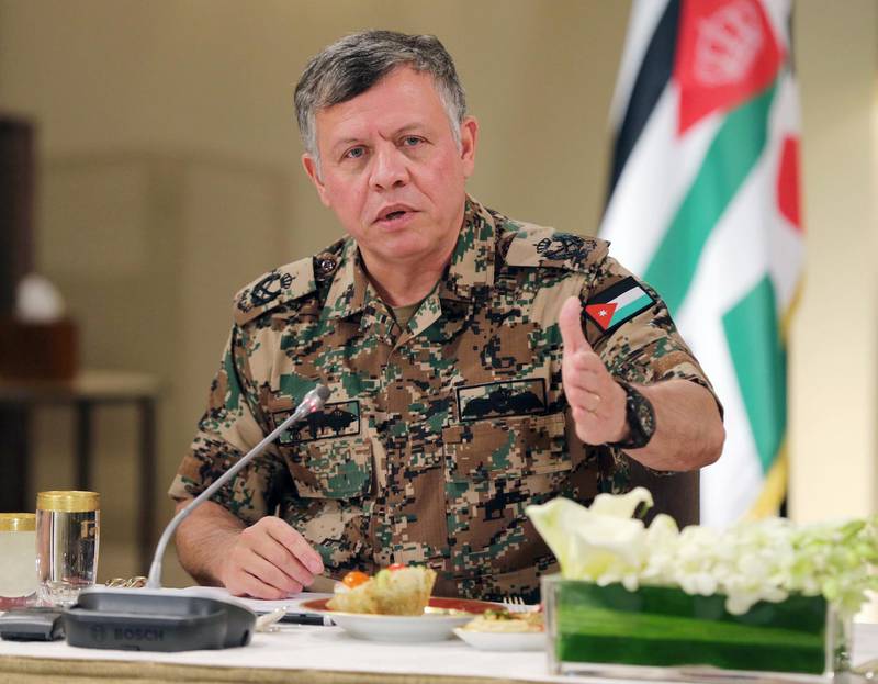 A handout picture released by the Jordanian Royal Palace shows Jordan's King Abdullah II speaking during a meeting with retired US Marine General Joseph Hoar and a delegation of the Capstone Program at the Royal Palace in Amman on February 12, 2015. AFP PHOTO / JORDANIAN ROYAL PALACE /YOUSEF ALLANRESTRICTED TO EDITORIAL USE - MANDATORY CREDIT "AFP PHOTO / JORDANIAN ROYAL PALACE / YOUSEF ALLAN" - NO MARKETING NO ADVERTISING CAMPAIGNS - DISTRIBUTED AS A SERVICE TO CLIENTS / AFP PHOTO / JORDANIAN ROYAL PALACE / YOUSEF ALLAN