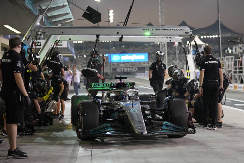 Mercedes driver George Russell of Britain leaves the pit lane during practice. AP Photo 