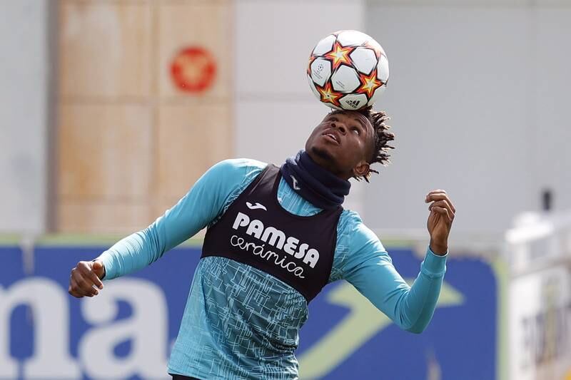 Villarreal's Samuel Chukwueze performs during his team's training session. EPA
