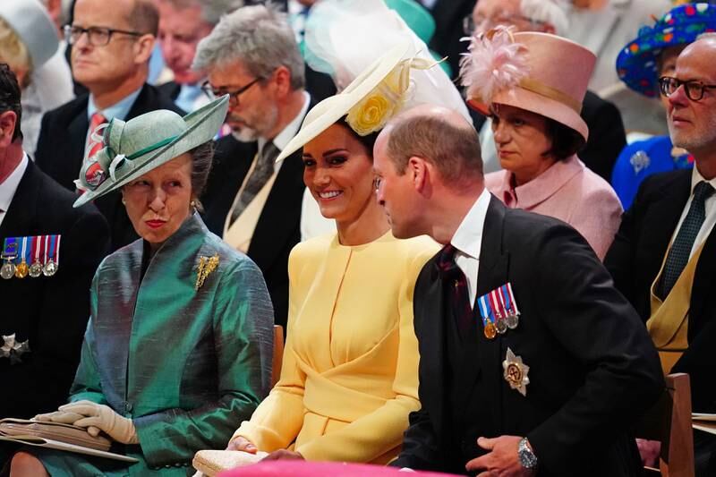 Princess Anne, Prince William and his wife Catherine attending the National Service of Thanksgiving to celebrate Queen Elizabeth's platinum jubilee at St Paul's Cathedral in June 2022. 