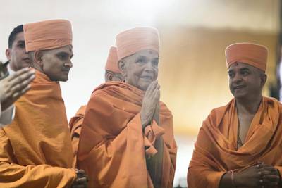 ABU DHABI, UNITED ARAB EMIRATES - April 20 2019.His Holiness Mahant Swami Maharaj, the spiritual leader of BAPS Swaminarayan SansthaThe Shilanyas Vidhi, The Foundationceremony of the first traditional Hindu Mandir in Abu Dhabi, UAE. The Vedic ceremony is performed in the holy presence of His Holiness Mahant Swami Maharaj, the spiritual leader of BAPS Swaminarayan Sanstha.(Photo by Reem Mohammed/The National)Reporter:Section: NA + BZ