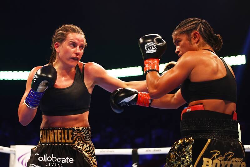 Chantelle Cameron punches Jessica McCaskill during the IBF, IBO, WBA, WBC, WBO, undisputed super-lightweight fight at Etihad Arena on November 5, 2022 in Abu Dhabi, United Arab Emirates. Getty