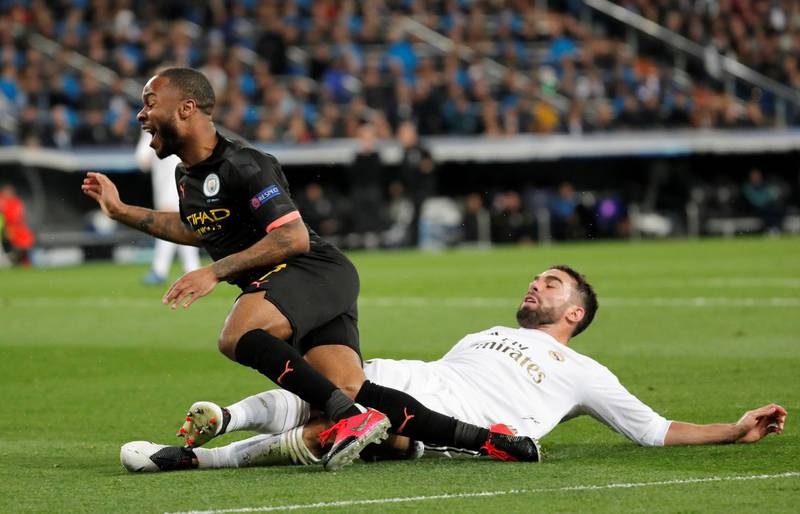 Manchester City's Raheem Sterling is fouled by Real Madrid's Dani Carvajal resulting in a penalty. Reuters