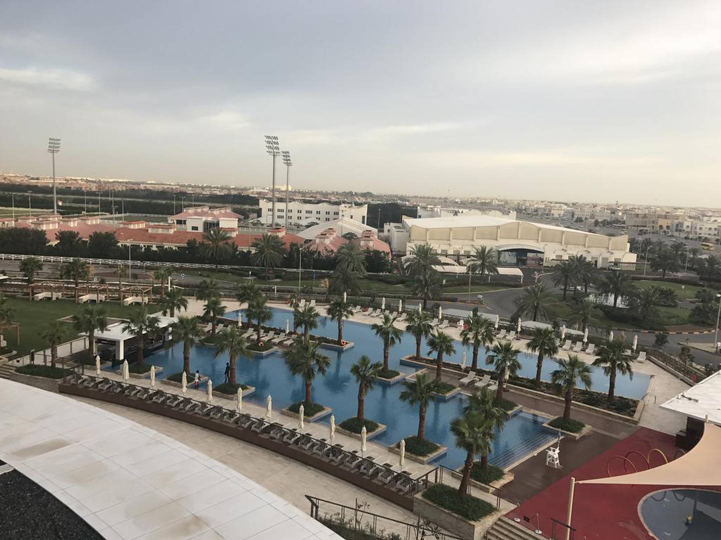 One of the biggest hotel pools in Abu Dhabi as seen from the balcony of an executive room at Marriott Al Forsan. Courtesy Melinda Healy