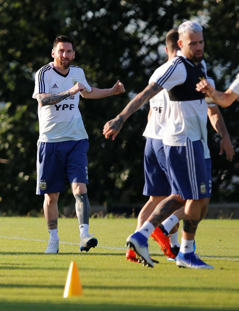 Lionel Messi and Nicolas Otamendi during training ahead of the 2019 Copa America semi-final showdown against hosts Brazil in Belo Horioznte. Reuters
