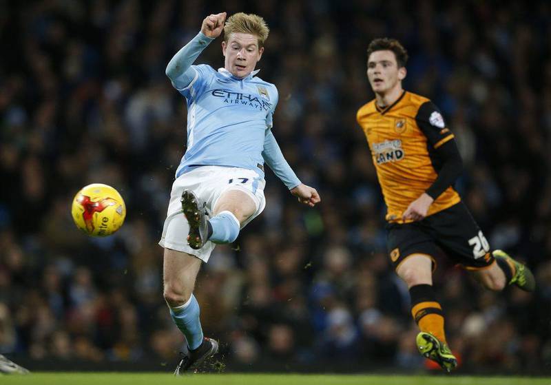 Kevin De Bruyne of Manchester City scores their third goal against Hull City in the League Cup on Tuesday night. Phil Noble / Reuters