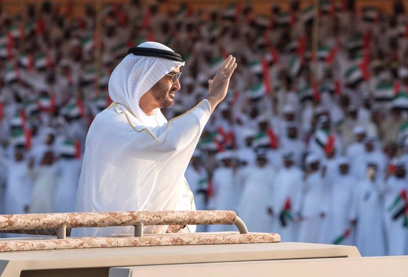 ZAYED MILITARY CITY, ABU DHABI, UNITED ARAB EMIRATES - November 28, 2017: HH Sheikh Mohamed bin Zayed Al Nahyan Crown Prince of Abu Dhabi Deputy Supreme Commander of the UAE Armed Forces (C), attends the graduation ceremony of the 8th cohort of National Service recruits and the 6th cohort of National Service volunteers at Zayed Military City.

( Hamad Al Kaabi / Crown Prince Court - Abu Dhabi )
—