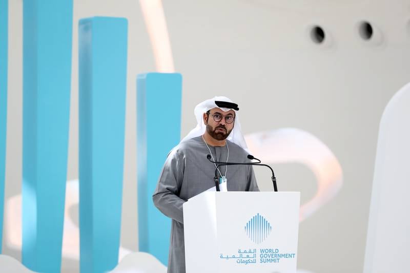 Mohammad Al Gergawi, Chairman of the World Government Summit Organisation, speaks about the event's main themes in a preview event on March 7, 2022. Chris Whiteoak / The National