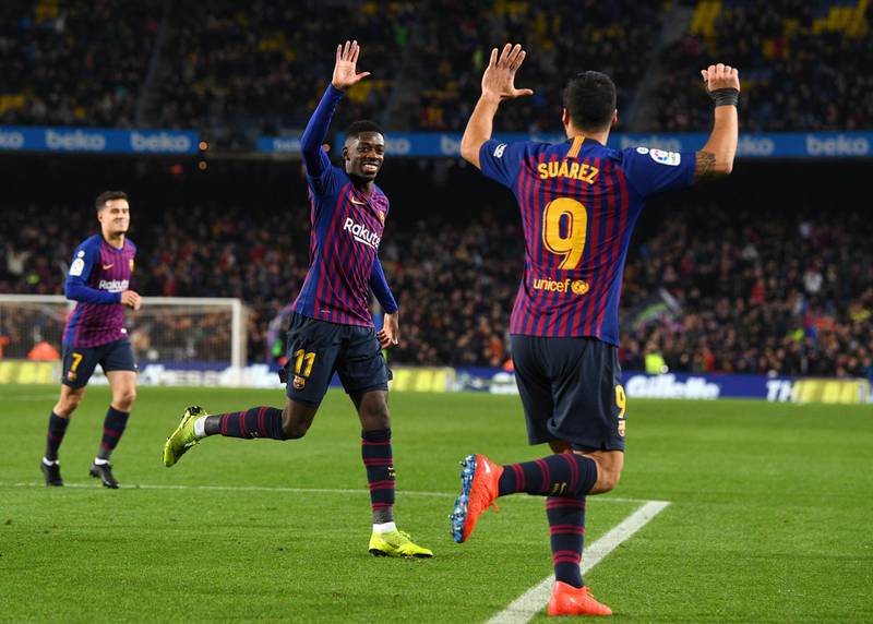 Ousmane Dembele celebrates after scoring Barcelona's fortst goal against Leganes at Camp Nou. Getty Images