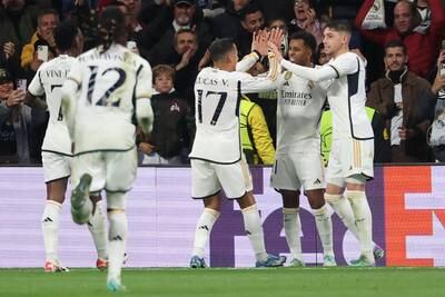 Rodrygo celebrates scoring Real Madrid's third goal against Braga in their Champions League group match. AFP
