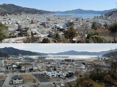 Top, the town of Otsuchi, Iwate Prefecture, was damaged by the tsunami on March 11, 2011; below, and the same area 10 years. AFP