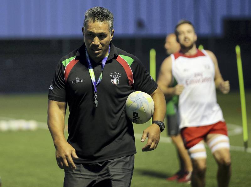 Dubai, May, 06, 2019: UAE Rugby team coach Apollo Perelini ahead of the Asian Rugby Championships Division 2 at the Jebel Ali Rugby Grounds in Dubai. Satish Kumar/ For the National / Story by Paul Radley