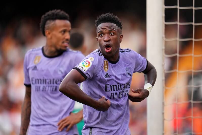Vinicius Junior of Real Madrid reacts after receiving what he says was racist abuse made by Valencia fans. Getty Images