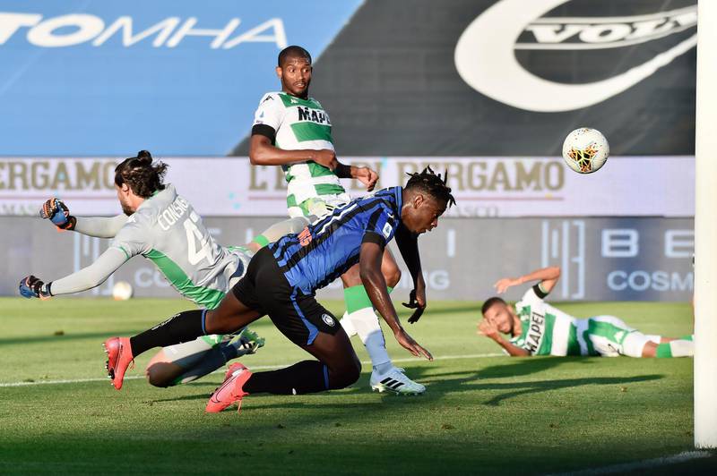 Atalanta's Duvan Zapata scores his side's second goal in their 4-1 Serie A win over Sassuolo at the Gewiss Stadium in Bergamo, on Sunday, June 21. AP