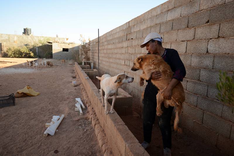 Ibtisam bin Omran, 52, who rents a dog shelter and runs the Libyan Society for the Welfare of Street Animals along with her sister, feeds stray dogs at the shelter in Benghazi.