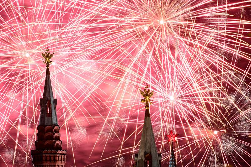 Fireworks go off at the Spasskaya Tower during an international military music festival in the Red Square in Moscow. AFP