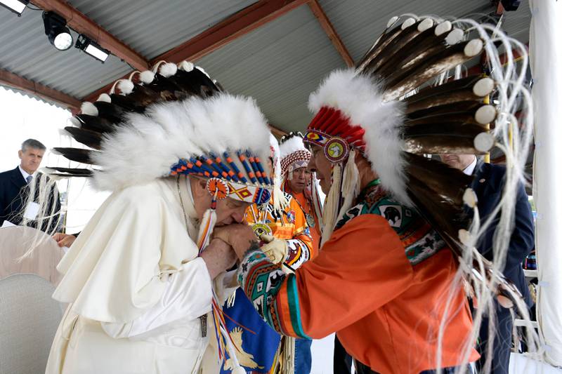 Pope Francis greets indigenous leaders in Maskwacis. Vatican Media Handout / AFP