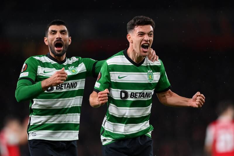 Sporting's Pedro Goncalves celebrates with Ricardo Esgaio after levelling at 1-1. Getty