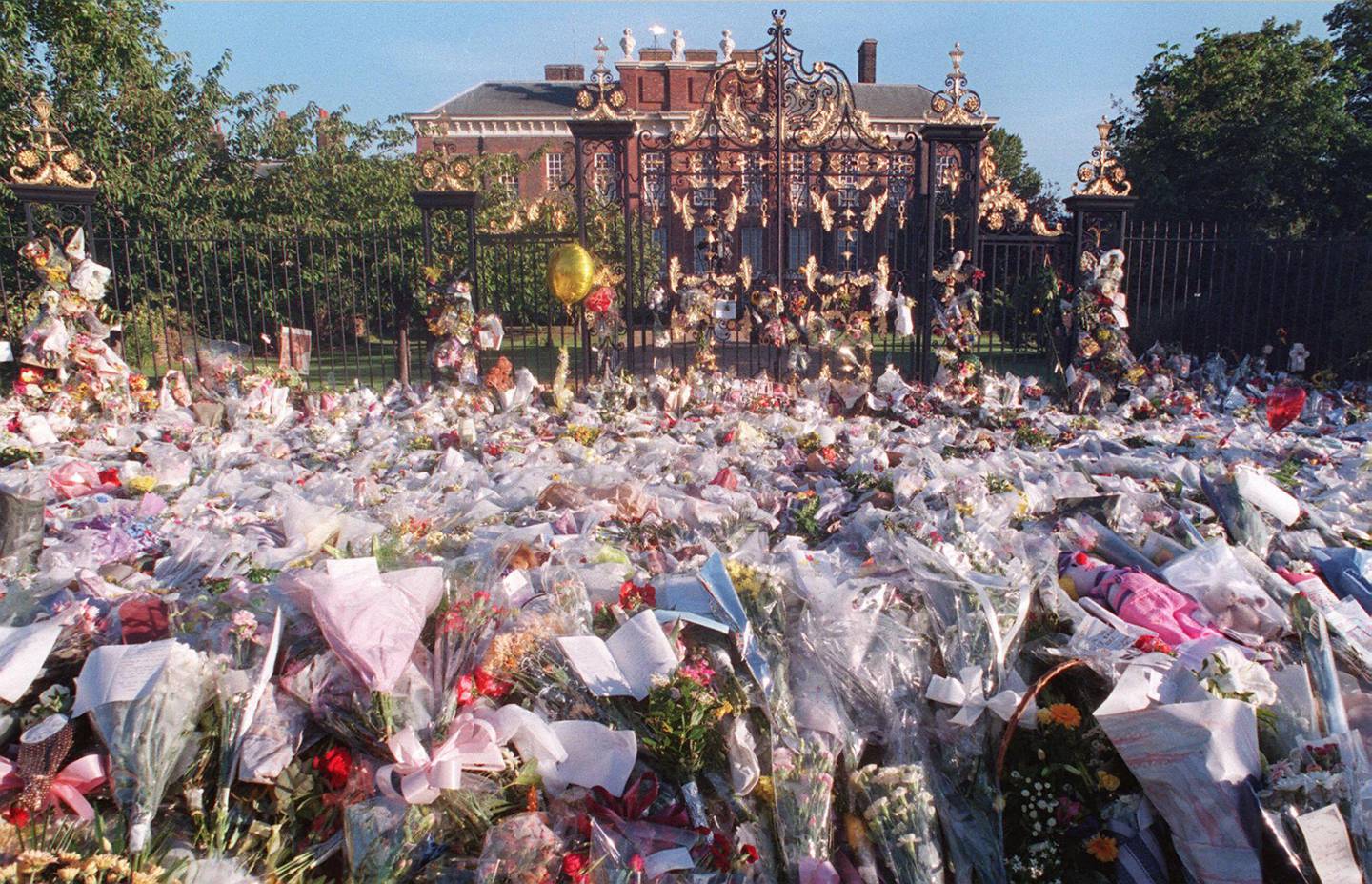 Flowers left at Kensington Palace in 1997 in tribute to Princess Diana. AFP
