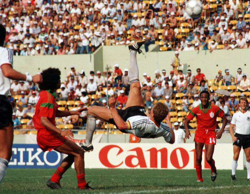Karl-Heinz Rummenigge attempts an overhead kick during the World Cup match between Morocco and Germany on June 17, 1986 in Monterrey, Mexico. Getty Images